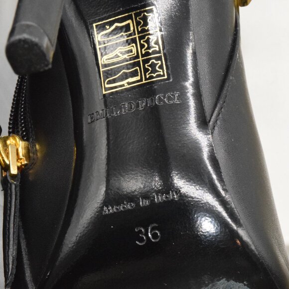 EUC Emilio Pucci 36 6M Black Leather Bootie Ankle Boots Heels Gold Turnlock Logo - Picture 16 of 16